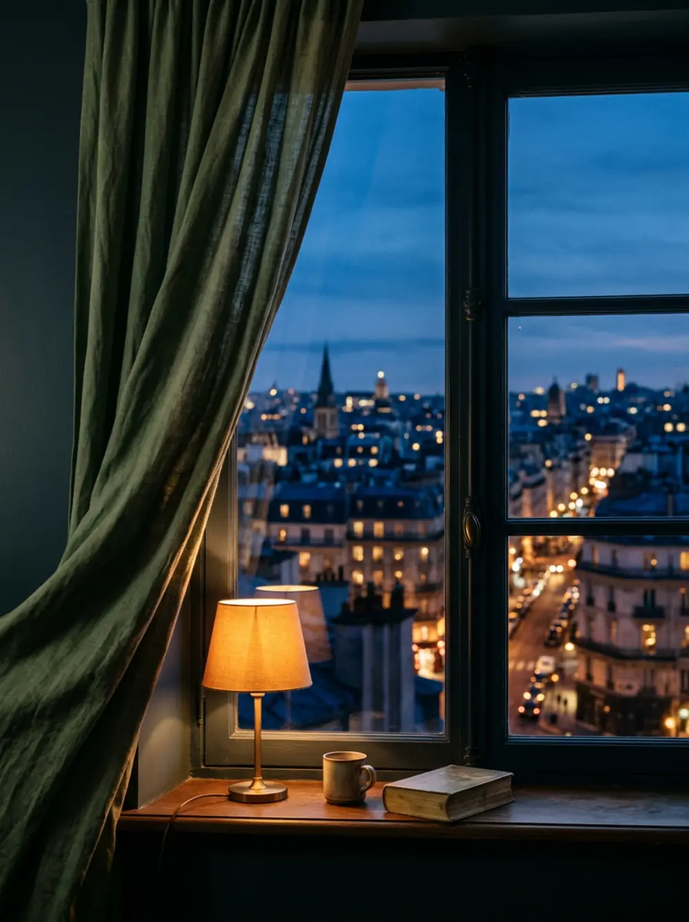 A window at blue hour seen from inside a warm, lamp-lit room, with the lights of a city dusk beyond the glass.
