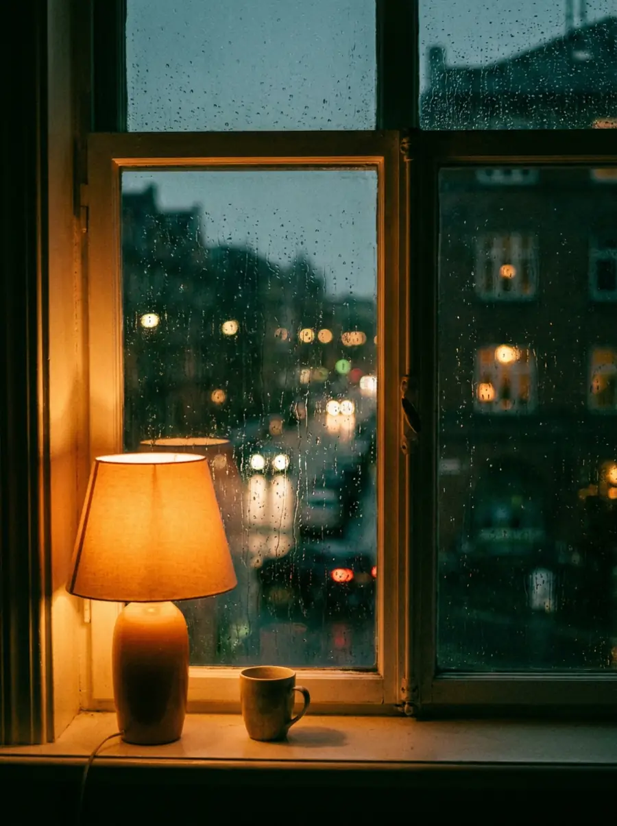 Rain on a window seen from inside a warm, lamp-lit room, with the soft blur of evening lights outside.
