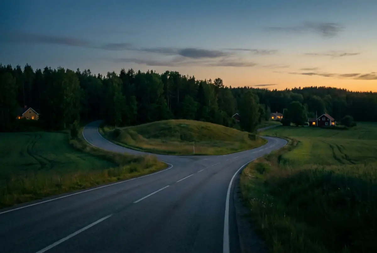 A quiet country road at dusk forking around a low hill, both ways lit by the last of the evening light, no signpost.