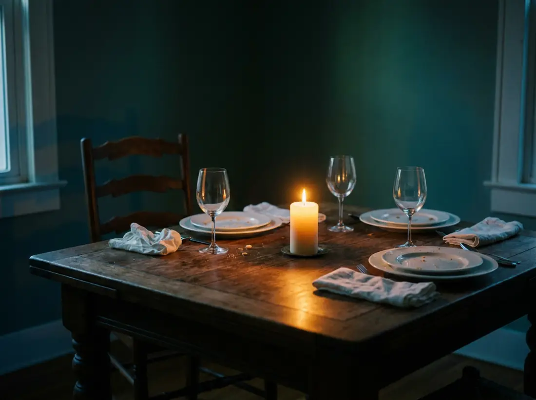 A dinner table just after guests have gone, one chair pushed back and a candle burning low.